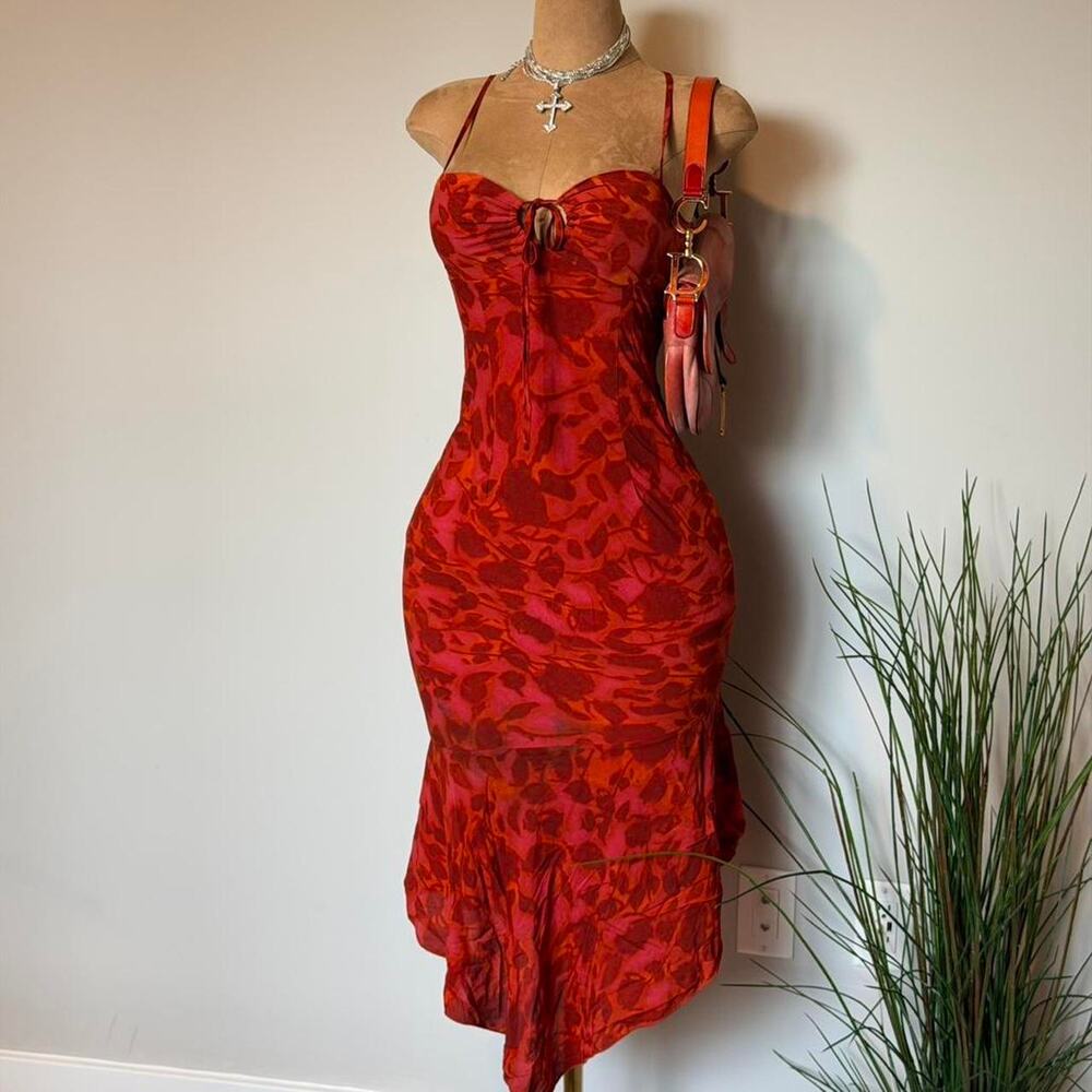 Red floral midi dress